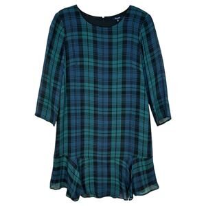Madewell Mini Shift Dress Size 00 Blackwatch Plaid Silk Blue Green 3/4 Sleeve
